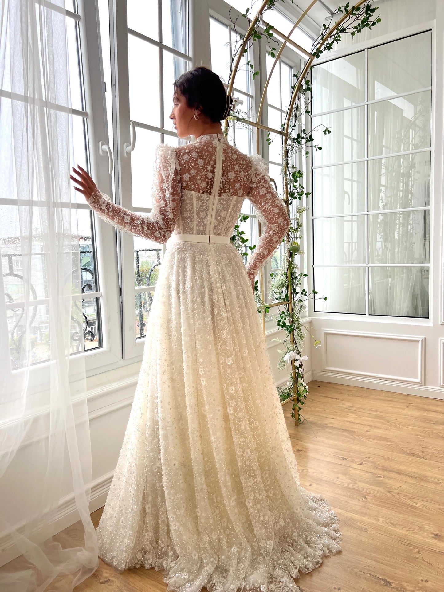 Elegant 3D Floral Sequin Beaded Sheer High Neck Illusion Long Sleeve 3D Floral Sequin Beaded Corset A-Line Wedding Dress TP5909