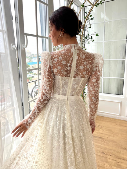Elegant 3D Floral Sequin Beaded Sheer High Neck Illusion Long Sleeve 3D Floral Sequin Beaded Corset A-Line Wedding Dress TP5909