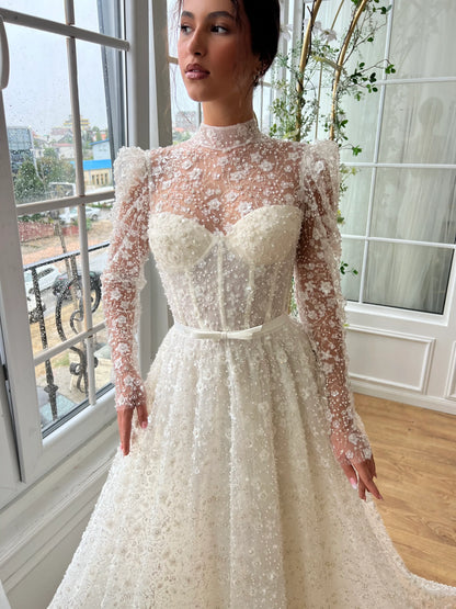 Elegant 3D Floral Sequin Beaded Sheer High Neck Illusion Long Sleeve 3D Floral Sequin Beaded Corset A-Line Wedding Dress TP5909