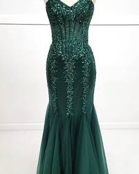Green Mermaid Heart Neck Strapless Sequined Tulle Long Prom Dresses TP1735