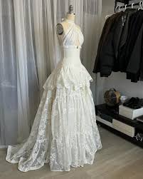 Vintage White Lace Sleeveless Halter Neck Wedding Dress Evening Gown TP1825