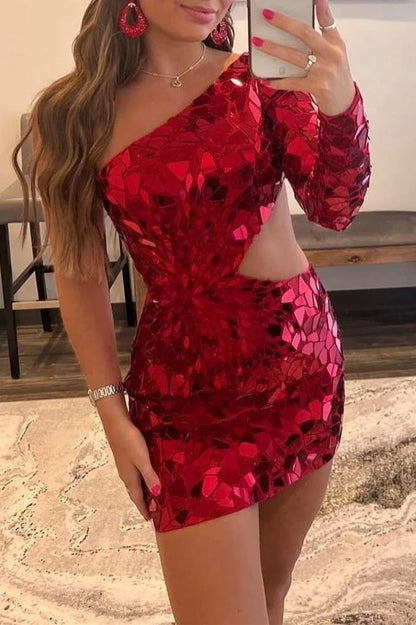 Fashion Red Sequin One-shoulder Design Bodycon Homecoming Dress TP3764