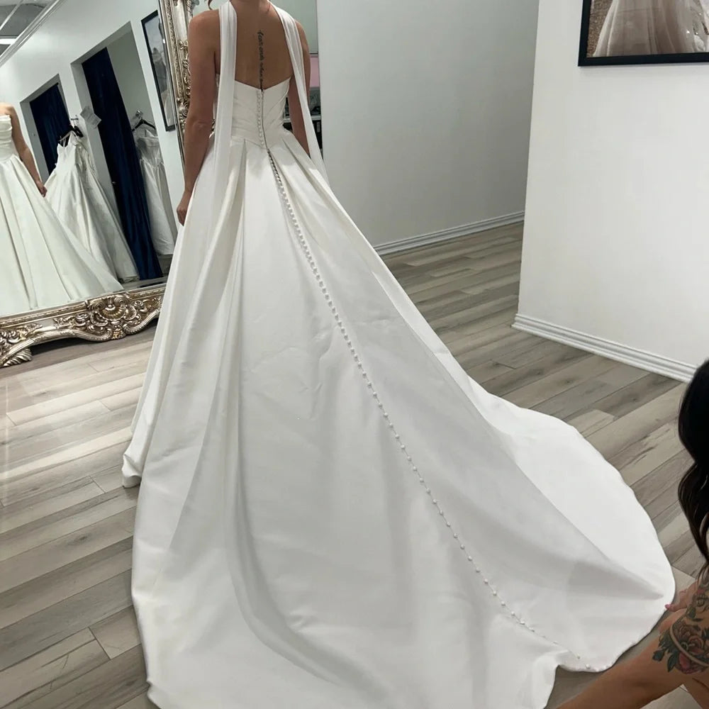 Elegant Satin Strapless Draped Ruched Bodice Long Train A-Line Wedding Dress TP5969