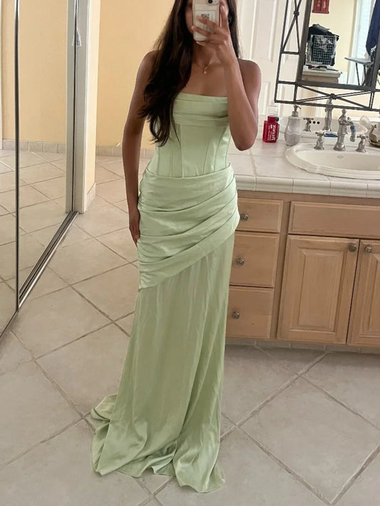 Vintage Sage Green Satin Strapless Corset Draped Mermaid Prom Dress TP5825