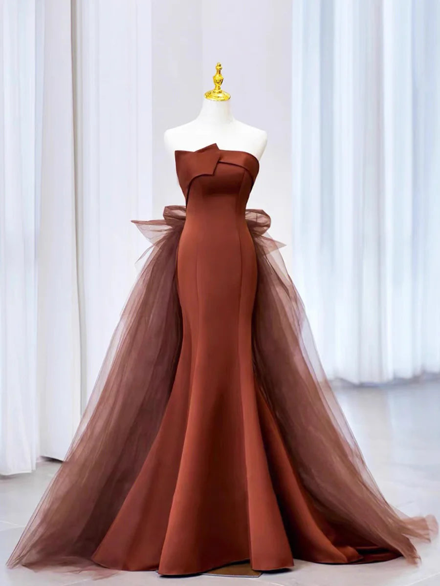 Mermaid Satin Tulle Long Prom Dress, Brown Strapless Evening Party Dress TP91