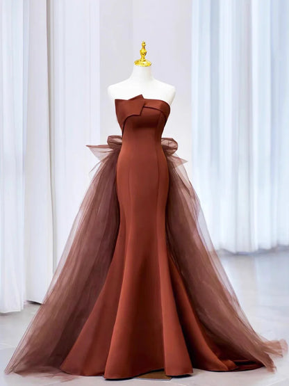 Mermaid Satin Tulle Long Prom Dress, Brown Strapless Evening Party Dress TP91