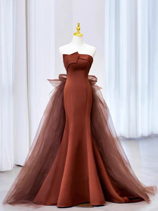 Mermaid Satin Tulle Long Prom Dress, Brown Strapless Evening Party Dress TP91