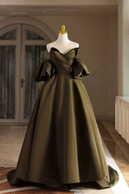 Green Satin Floor Length Prom Dress, A-Line Puffy Short Sleeve Evening Party Dress TP97
