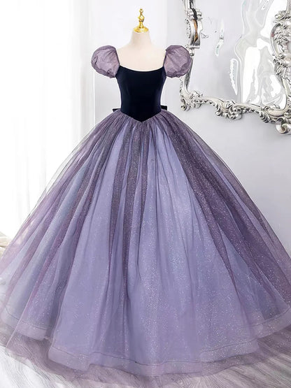 Purple Tulle and Velvet Floor Length Prom Dress, Beautiful A-Line Short Sleeve Party Dress TP98