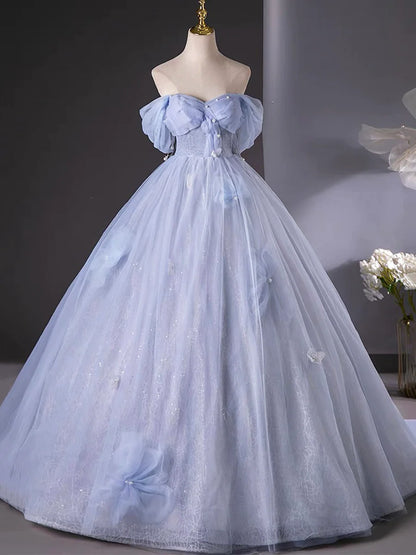 Blue Tulle Long A-Line Prom Dress Party Dress, Beautiful Off the Shoulder Blue Evening Dress TP96