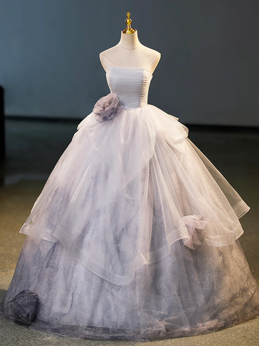 Gray Tulle Floor Length Formal Dress, A-Line Strapless Evening Party Dress TP92