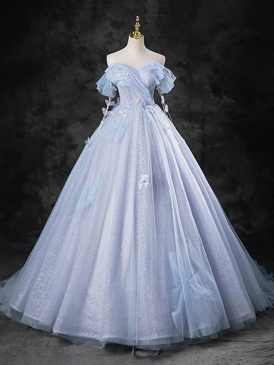 Blue Pearl Tulle Floor Length Prom Dress, A-Line Off the Shoulder Formal Party Dress TP95