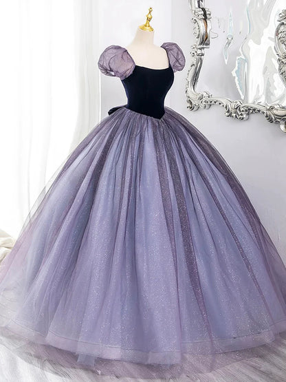 Purple Tulle and Velvet Floor Length Prom Dress, Beautiful A-Line Short Sleeve Party Dress TP98