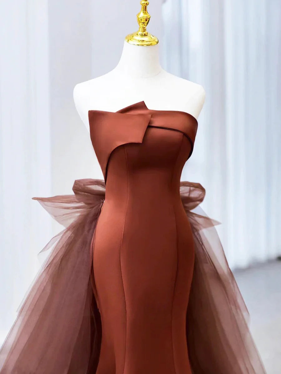 Mermaid Satin Tulle Long Prom Dress, Brown Strapless Evening Party Dress TP91