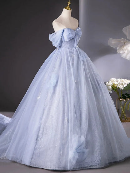 Blue Tulle Long A-Line Prom Dress Party Dress, Beautiful Off the Shoulder Blue Evening Dress TP96