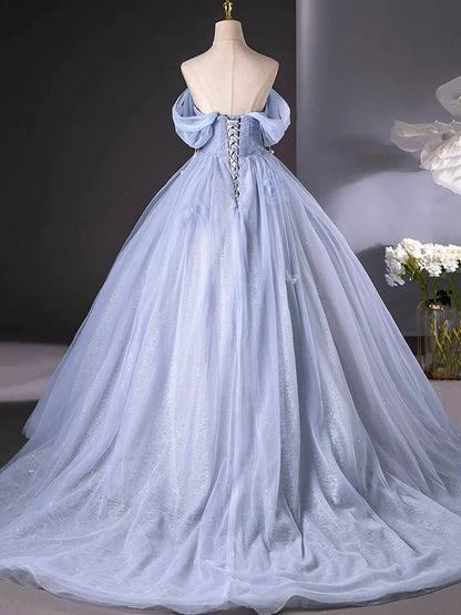 Blue Tulle Long A-Line Prom Dress Party Dress, Beautiful Off the Shoulder Blue Evening Dress TP96