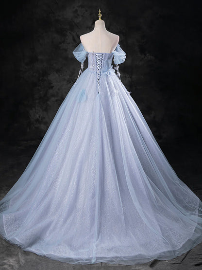 Blue Pearl Tulle Floor Length Prom Dress, A-Line Off the Shoulder Formal Party Dress TP95