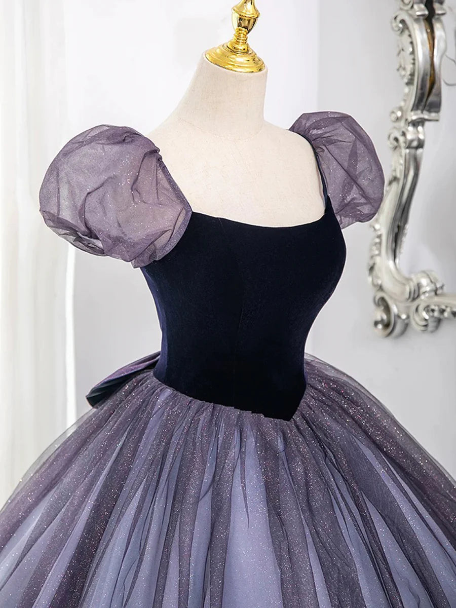 Purple Tulle and Velvet Floor Length Prom Dress, Beautiful A-Line Short Sleeve Party Dress TP98