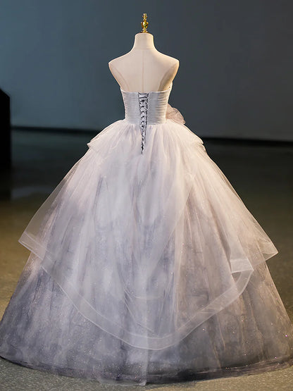 Gray Tulle Floor Length Formal Dress, A-Line Strapless Evening Party Dress TP92