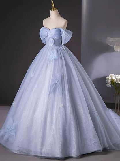 Blue Tulle Long A-Line Prom Dress Party Dress, Beautiful Off the Shoulder Blue Evening Dress TP96