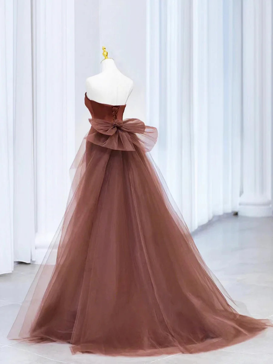 Mermaid Satin Tulle Long Prom Dress, Brown Strapless Evening Party Dress TP91
