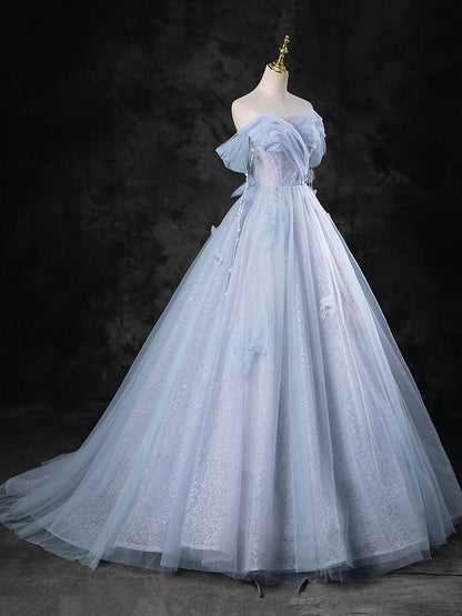 Blue Pearl Tulle Floor Length Prom Dress, A-Line Off the Shoulder Formal Party Dress TP95