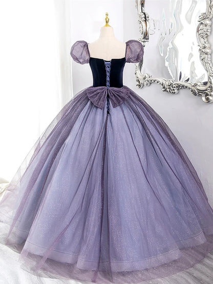 Purple Tulle and Velvet Floor Length Prom Dress, Beautiful A-Line Short Sleeve Party Dress TP98