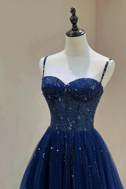 Blue Beaded Sweetheart Tulle A-line Prom Dress, Blue Long Party Dress TP1001