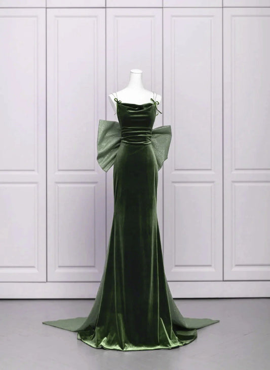 Green Velvet Straps Low Back Evening Dress, Green Velvet Prom Dress TP1002