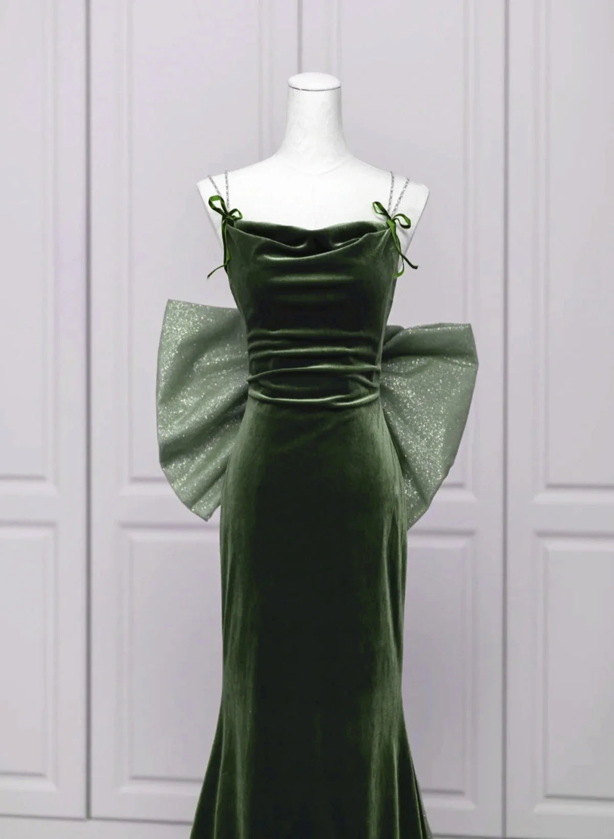 Green Velvet Straps Low Back Evening Dress, Green Velvet Prom Dress TP1002