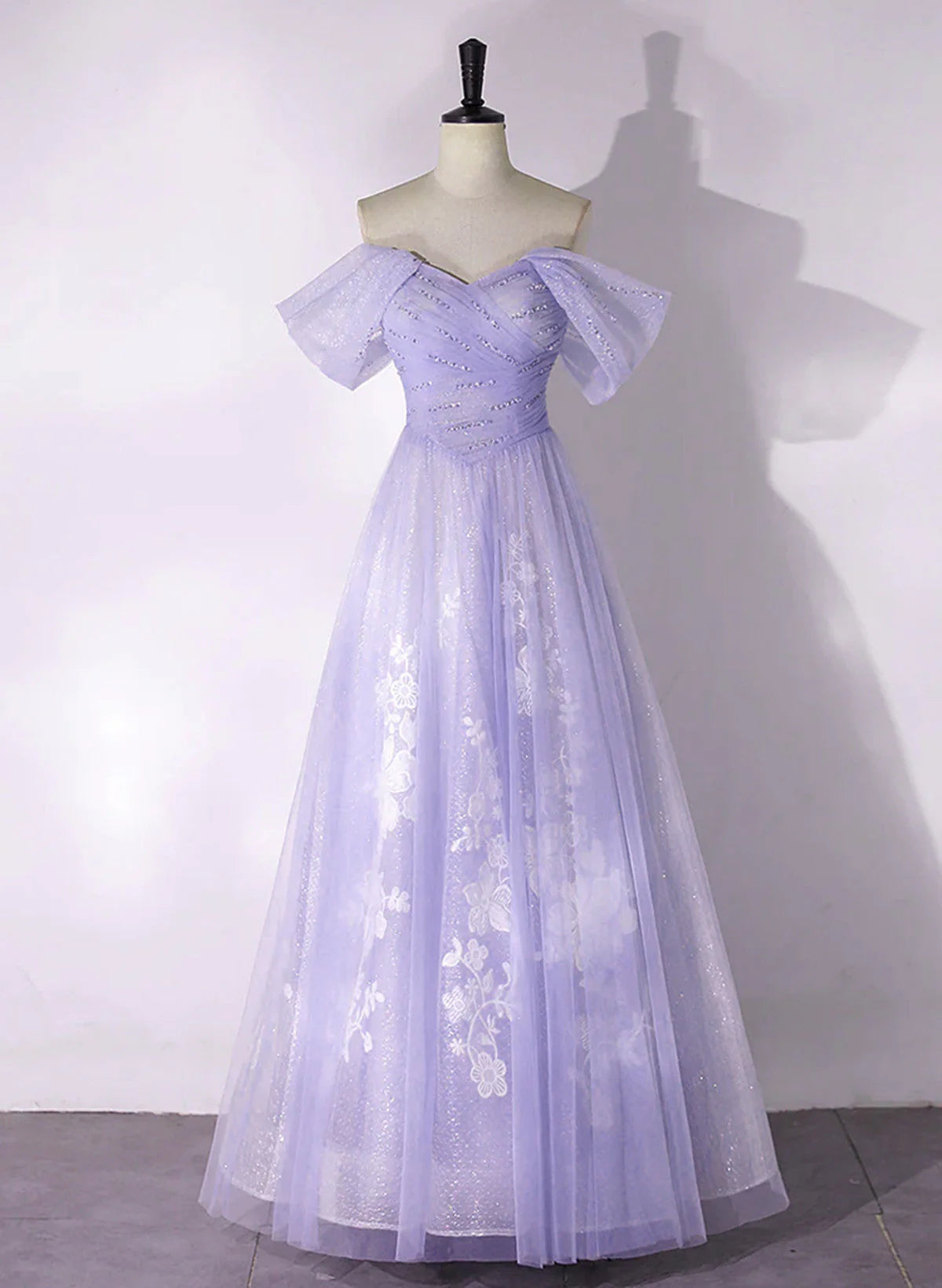 A-line Purple Tulle with Lace Off Shoulder Formal Dress, Purple Tulle Prom Dress TP1006