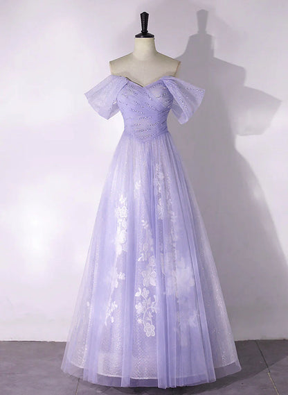 A-line Purple Tulle with Lace Off Shoulder Formal Dress, Purple Tulle Prom Dress TP1006