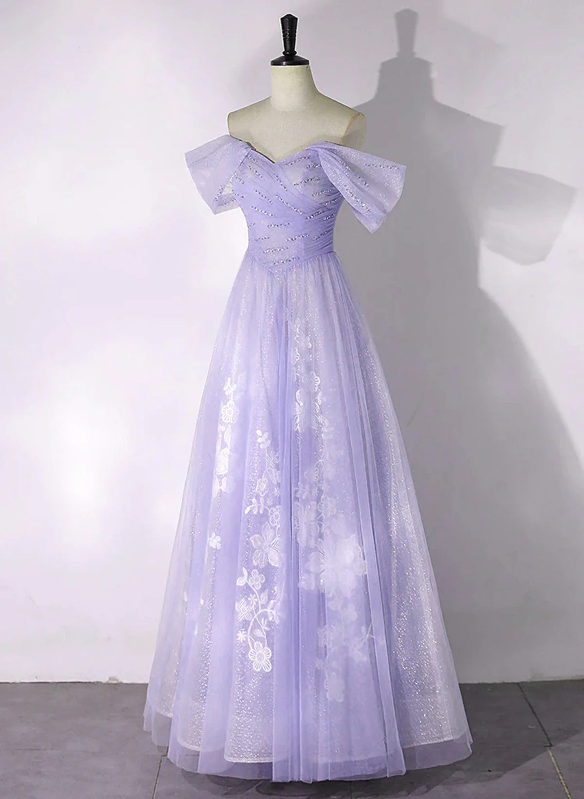 A-line Purple Tulle with Lace Off Shoulder Formal Dress, Purple Tulle Prom Dress TP1006