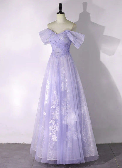 A-line Purple Tulle with Lace Off Shoulder Formal Dress, Purple Tulle Prom Dress TP1006