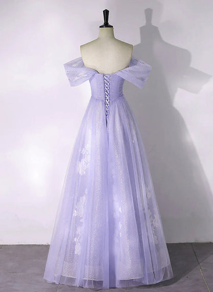 A-line Purple Tulle with Lace Off Shoulder Formal Dress, Purple Tulle Prom Dress TP1006
