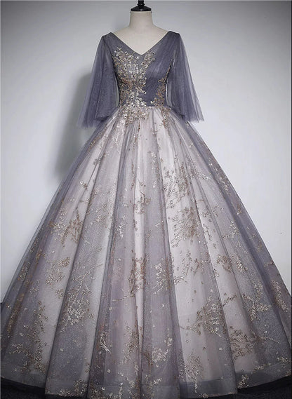 Beautiful Tulle V-neckline Long Formal Dress, Tulle Lace Applique Party Dress TP1009