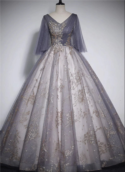 Beautiful Tulle V-neckline Long Formal Dress, Tulle Lace Applique Party Dress TP1009