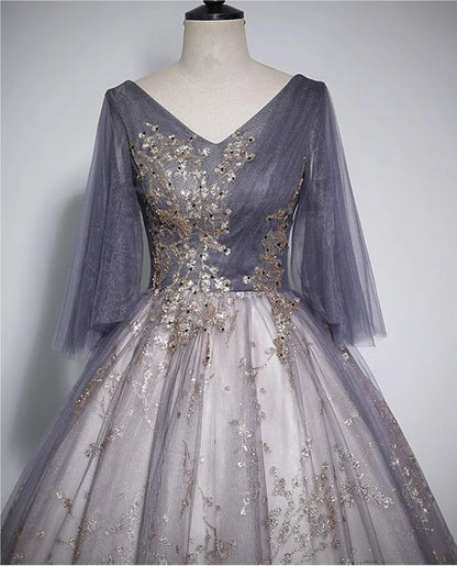 Beautiful Tulle V-neckline Long Formal Dress, Tulle Lace Applique Party Dress TP1009