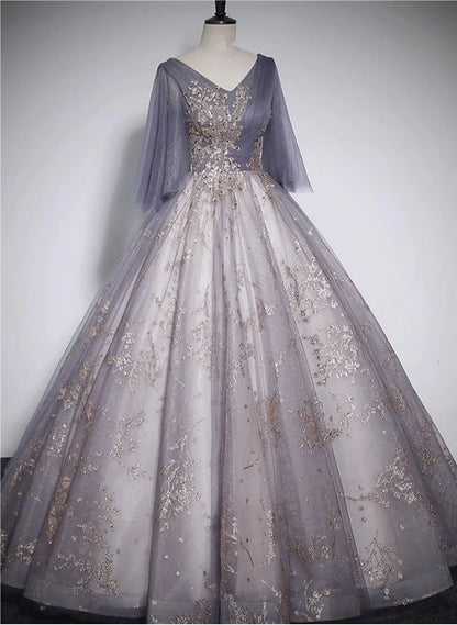 Beautiful Tulle V-neckline Long Formal Dress, Tulle Lace Applique Party Dress TP1009