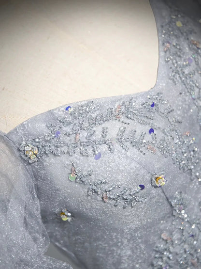 Gray Tulle Beaded Floor Length Prom Dress, A-Line Short Sleeve Evening Party Dress TP101