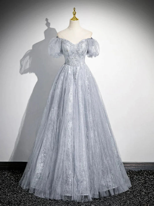 Gray Tulle Beaded Floor Length Prom Dress, A-Line Short Sleeve Evening Party Dress TP101