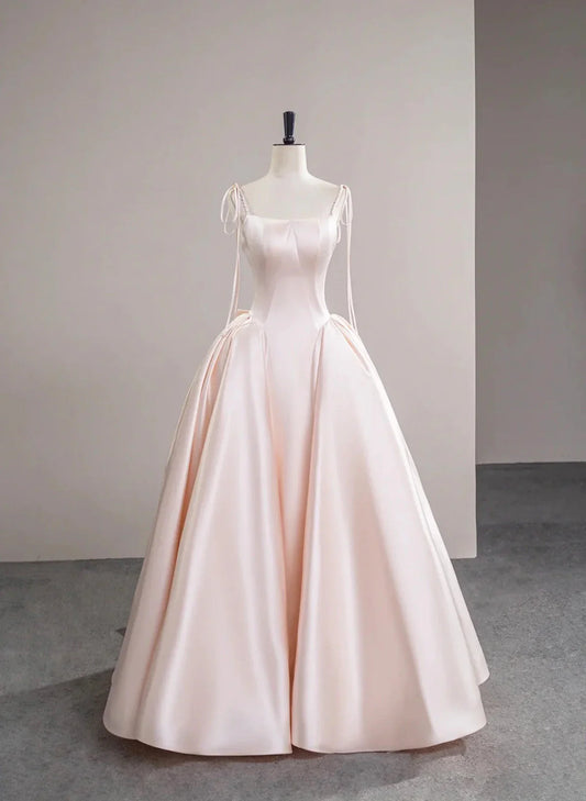 Pink Satin Straps Long Formal Dress with Bow, Pink Satin Prom Dress Party Dress TP1010