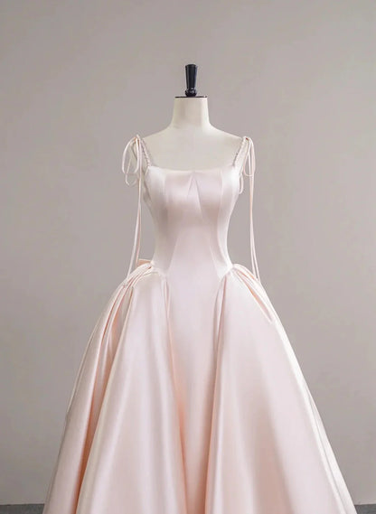 Pink Satin Straps Long Formal Dress with Bow, Pink Satin Prom Dress Party Dress TP1010