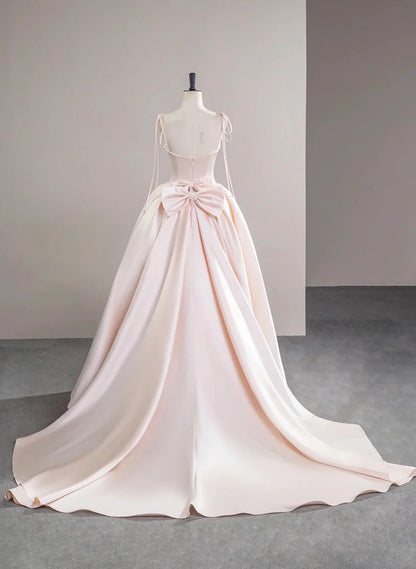 Pink Satin Straps Long Formal Dress with Bow, Pink Satin Prom Dress Party Dress TP1010