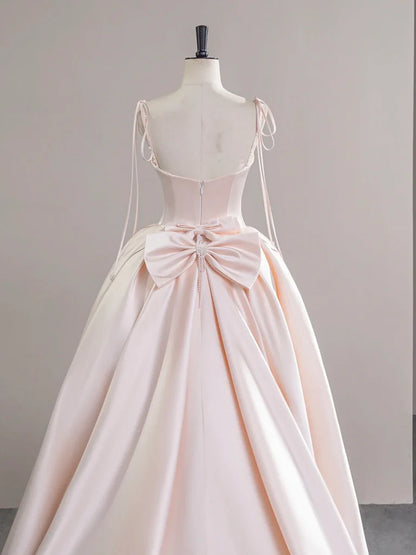 Pink Satin Straps Long Formal Dress with Bow, Pink Satin Prom Dress Party Dress TP1010