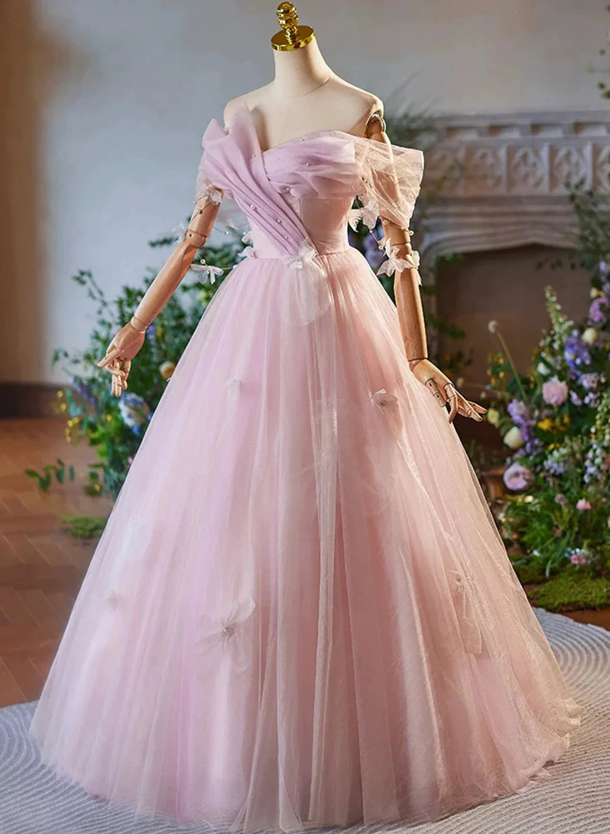 Pink Off Shoulder Tulle Long Formal Dress, Pink A-line Prom Dress TP1011
