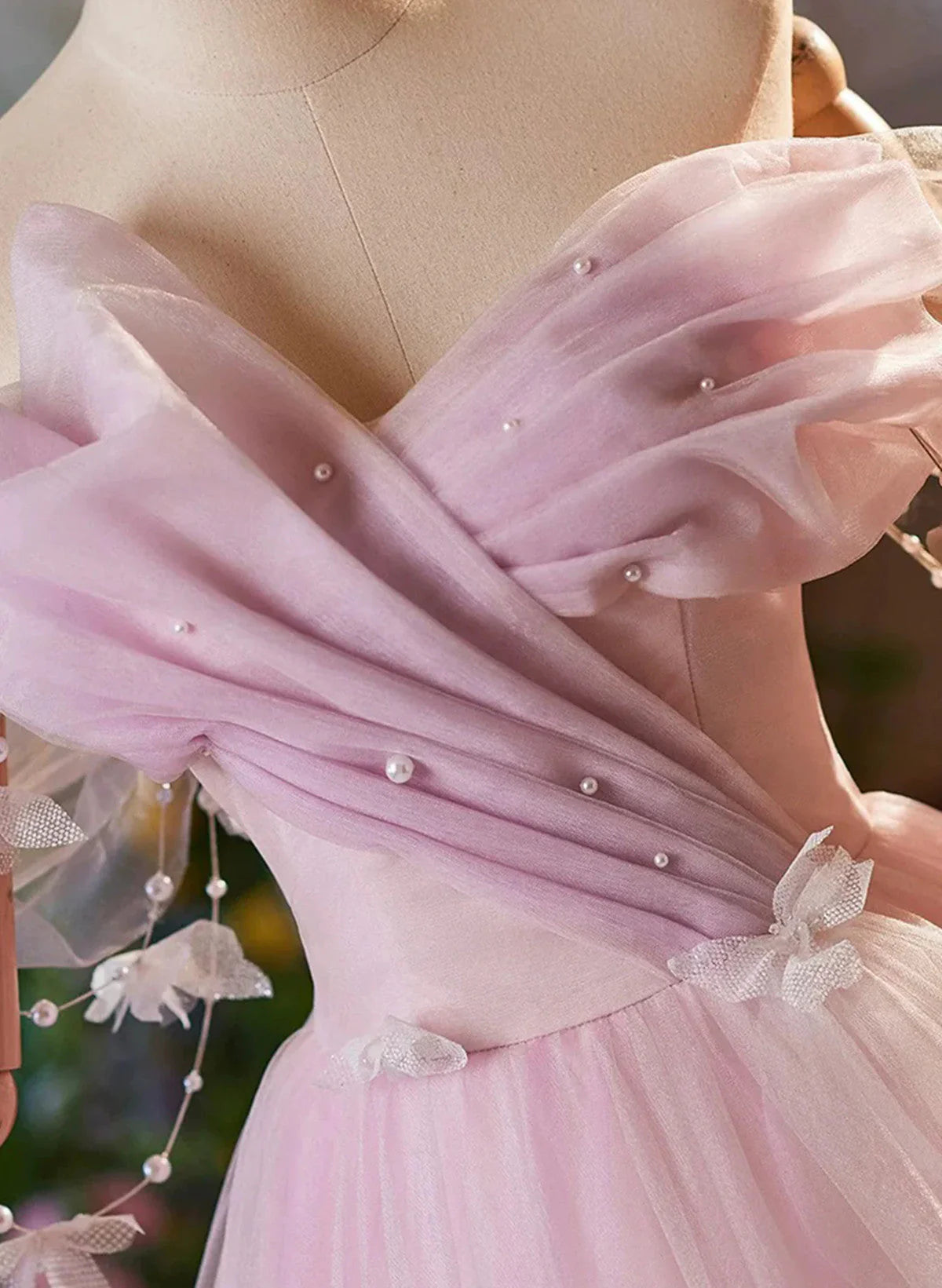 Pink Off Shoulder Tulle Long Formal Dress, Pink A-line Prom Dress TP1011