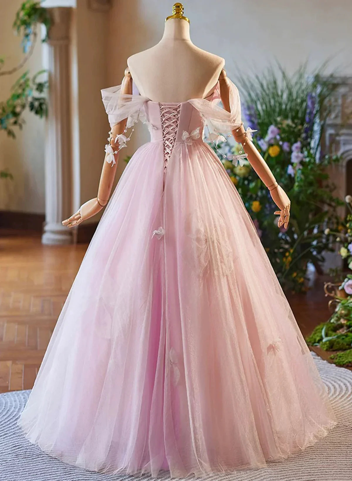 Pink Off Shoulder Tulle Long Formal Dress, Pink A-line Prom Dress TP1011