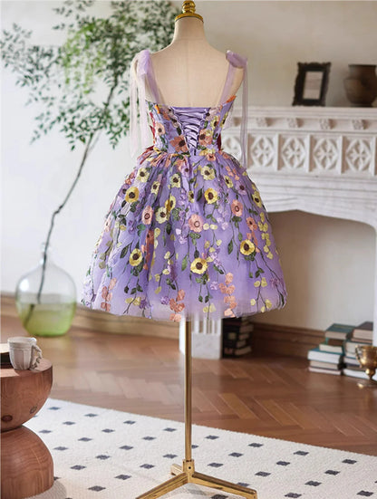 Cute Light Purple Lace Flowers Short Homecoming Dress, Purple Short Party Dress TP1013
