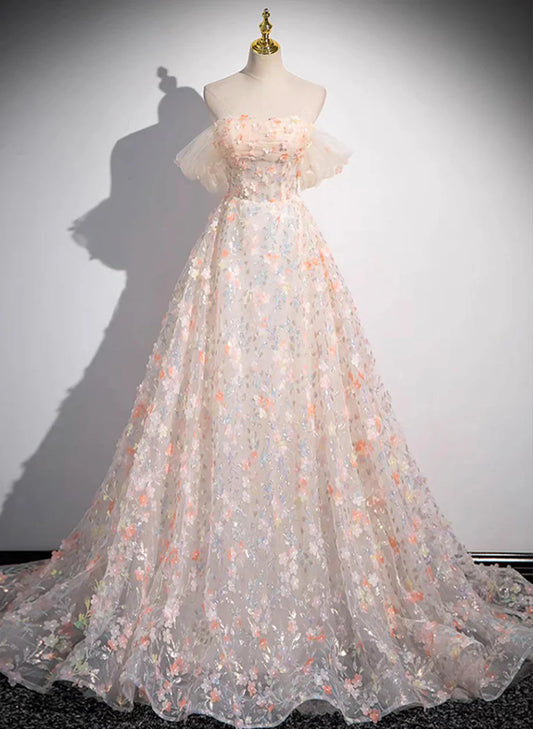 Beautiful A-line Off Shoulder Flowers Lace Formal Dress, Long Prom Dress TP1015